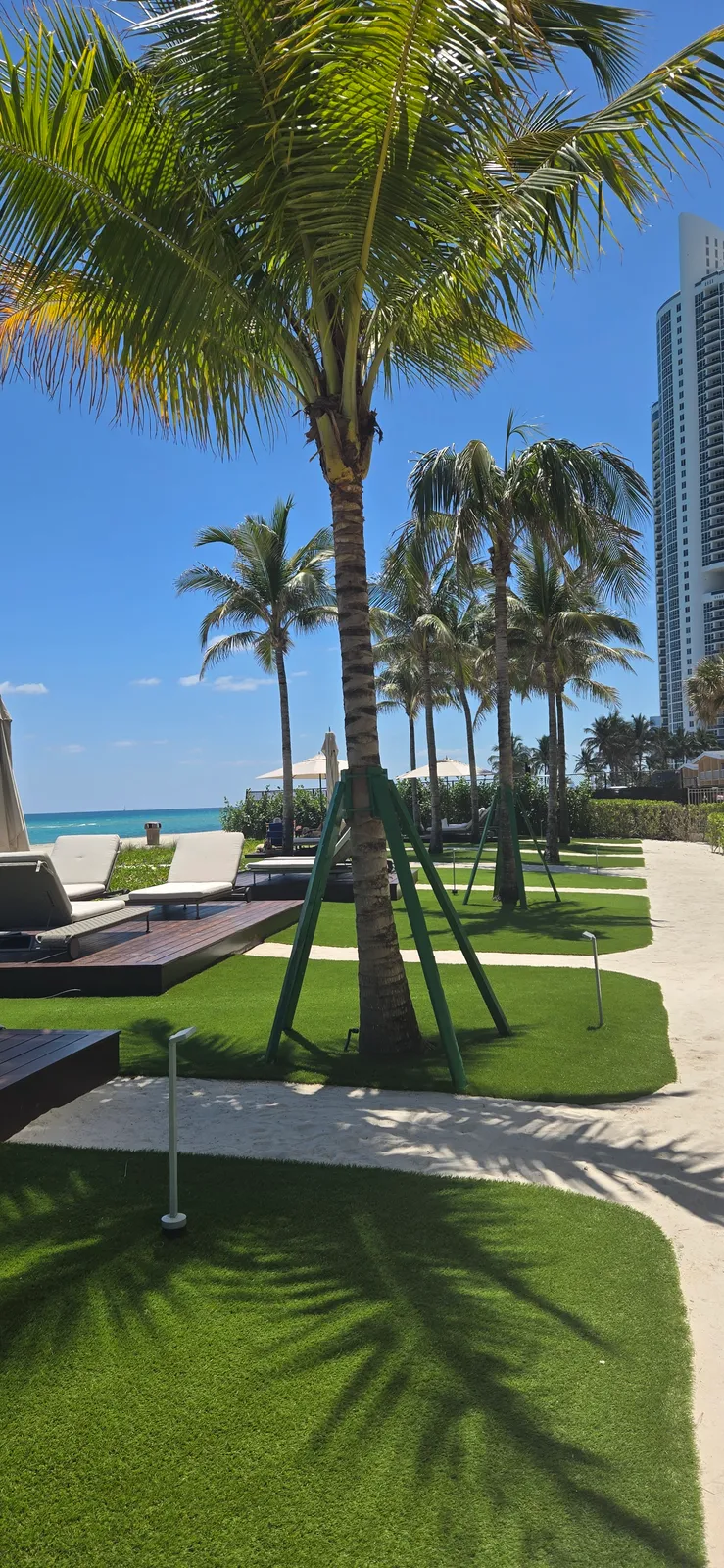 Coconut palms rising from artificial turf islands along a sand path at a beachfront resort.