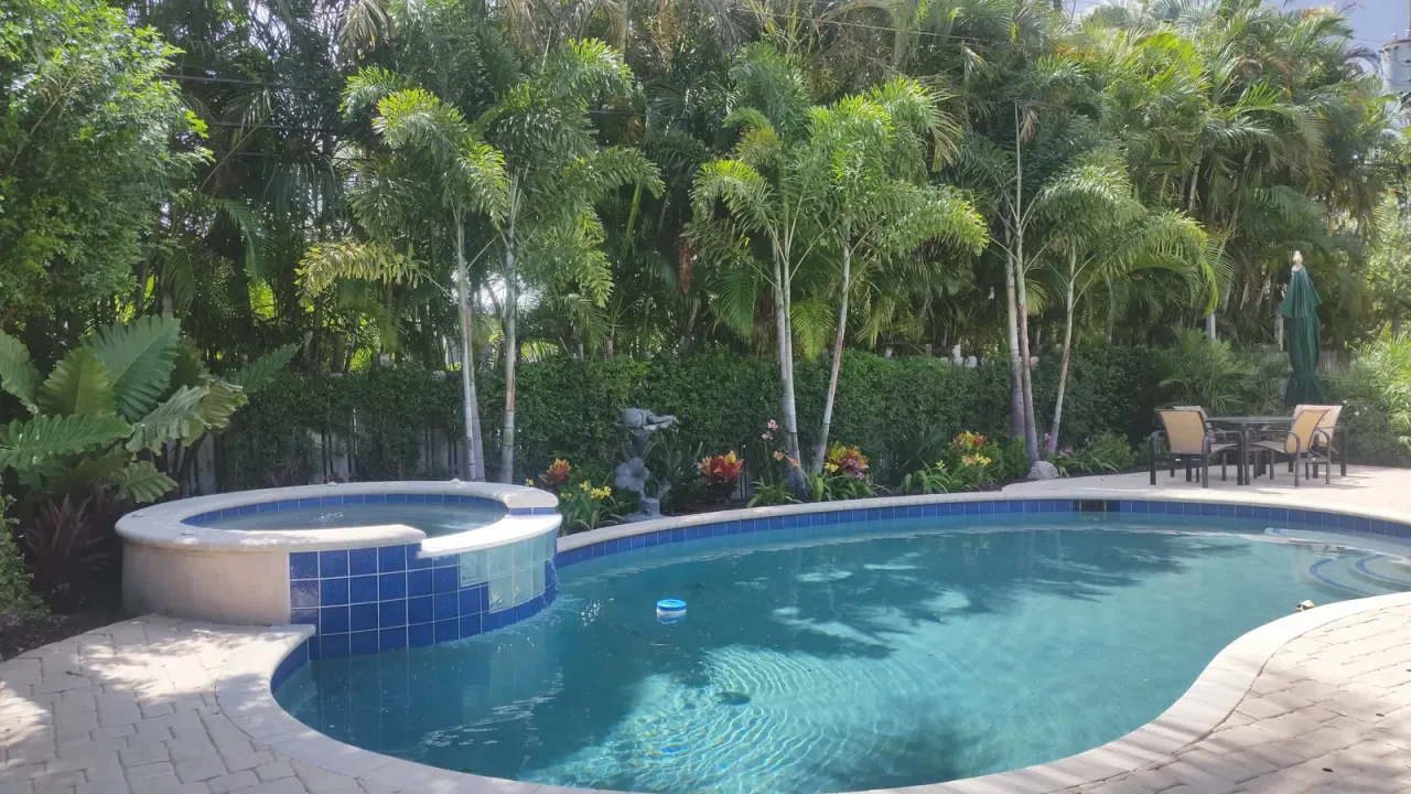 Kidney-shaped pool with a raised spa faced in blue tile, backed by palms, a hedge and tropical plantings, with a patio table.