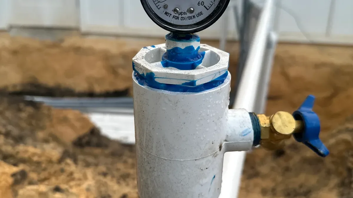 Close-up of a pressure gauge on a capped PVC pipe with a brass valve, set above an open trench.