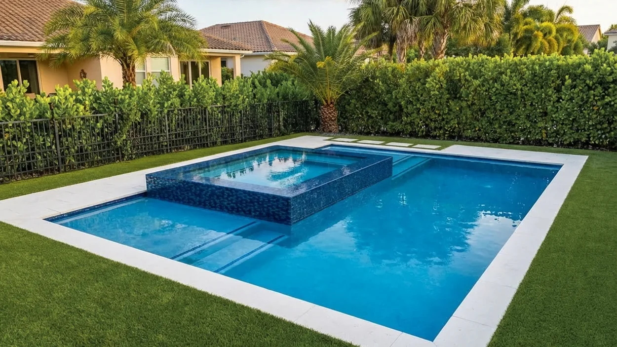 Raised spa faced in dark blue mosaic under white coping, spilling over its edge into the rectangular pool below, with submerged entry steps and a clipped hedge behind a black metal fence.