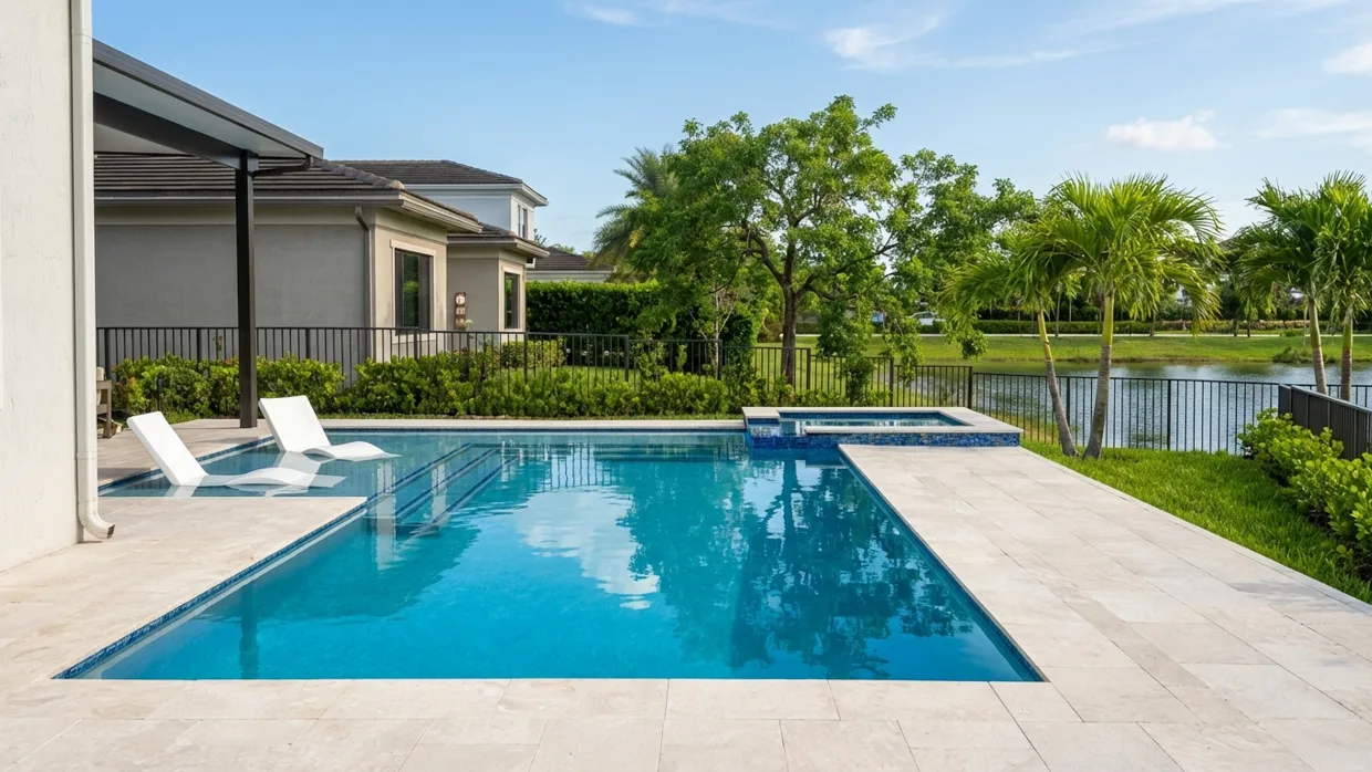 Pool with a shallow sun shelf holding two white in-water loungers and a raised spa at the far end, on a wide travertine deck that runs toward a lake behind the fence.