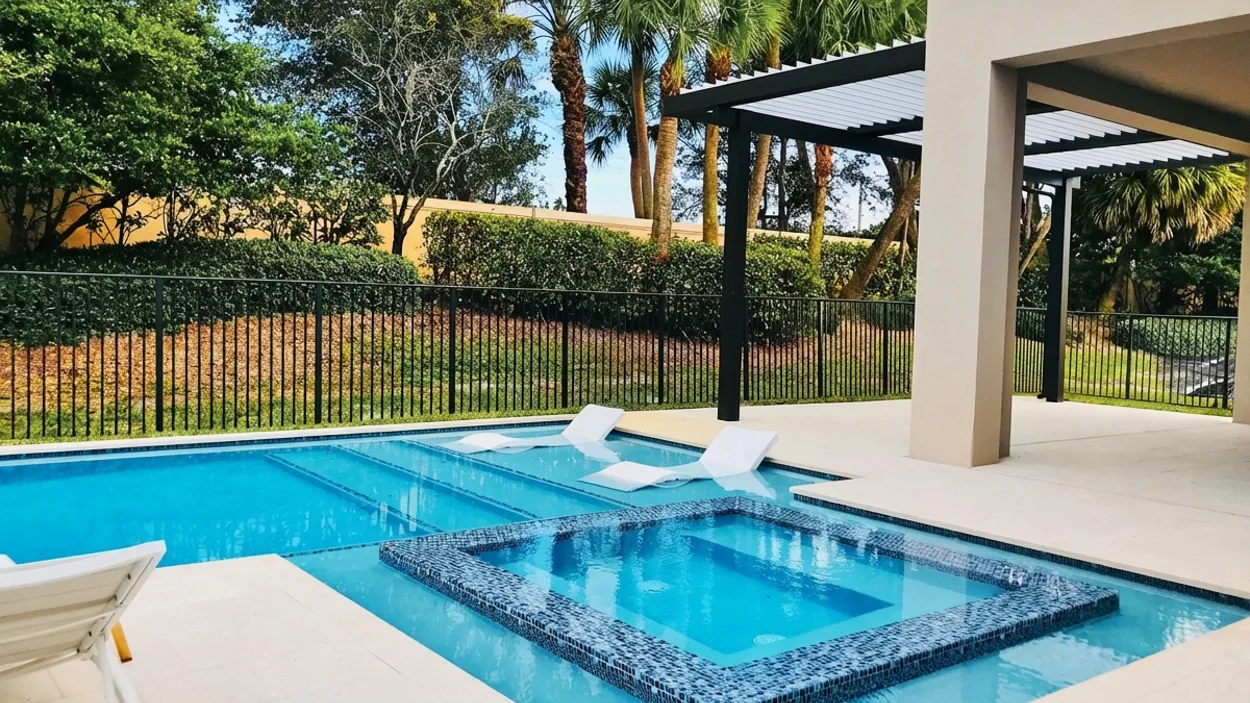 Pool with in-water loungers and an aluminium pergola attached to the house, with newly laid turf around the deck.