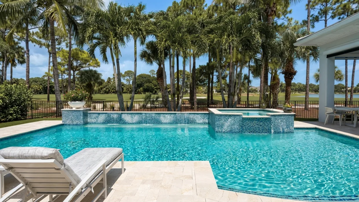 Curved pool with three sheet waterfalls falling from a long raised wall of pale blue mosaic tile, a matching raised spa spilling into the water alongside it, and tall palms and a fairway beyond a black metal fence.