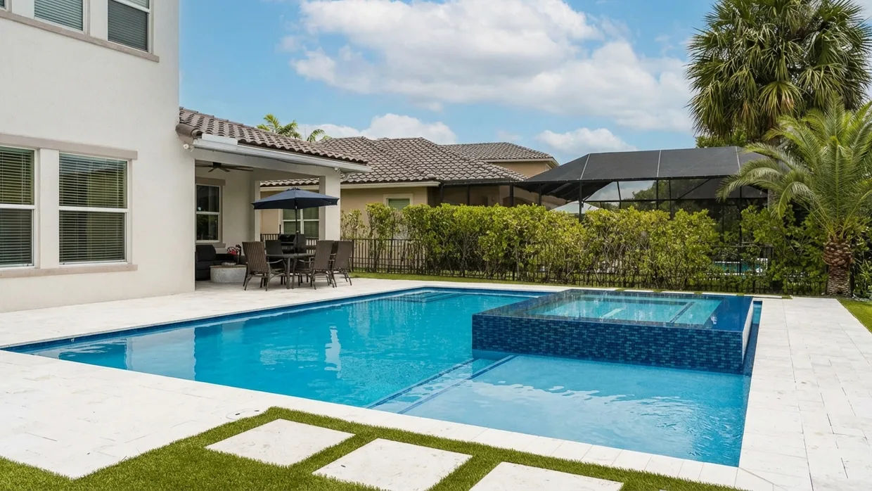 Two-storey house with a covered lanai and outdoor dining set beside a rectangular pool, a blue-tiled raised spa at the far corner, and grass strips set between paver squares in the foreground.