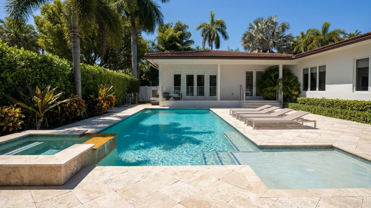 Raised spa with a spillway returning to the pool, framed by a travertine deck beside a single-storey home.