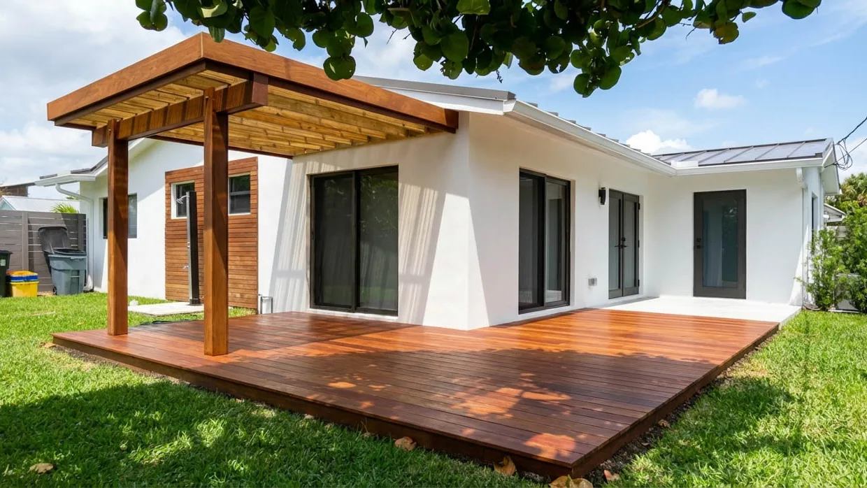 Wood pergola over a hardwood deck that runs along a white single-story house, with lawn on both sides.