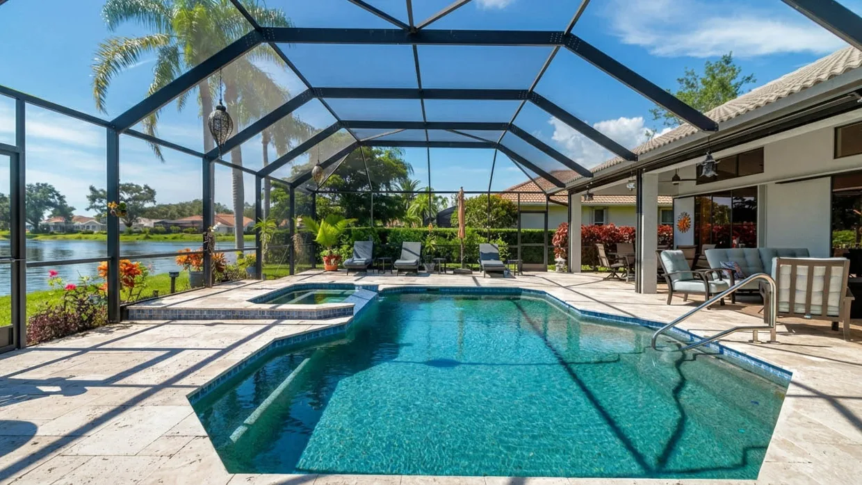 Screened enclosure over a pool and raised spa, with a handrail, stone deck, lounge chairs and a lake beyond the screen.