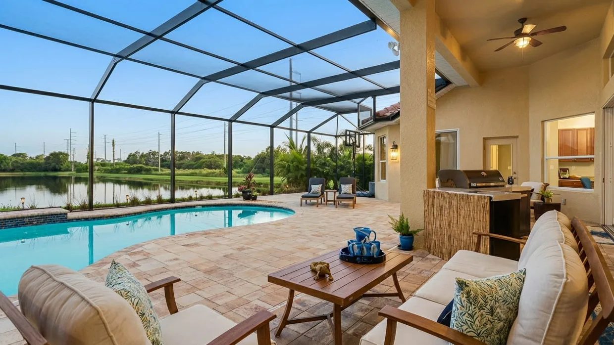 Screen enclosure meeting the house at a covered lanai with a ceiling fan and a built-in grill island, the paver deck running down to a freeform pool, with a lake and power lines beyond the cage.