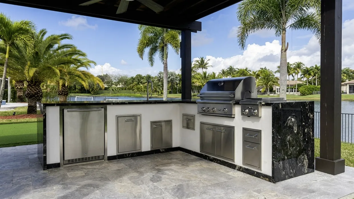 L-shaped outdoor kitchen on a travertine deck with black granite counters and a waterfall end, a dark roof post beside the grill run, and a lake and palms behind.