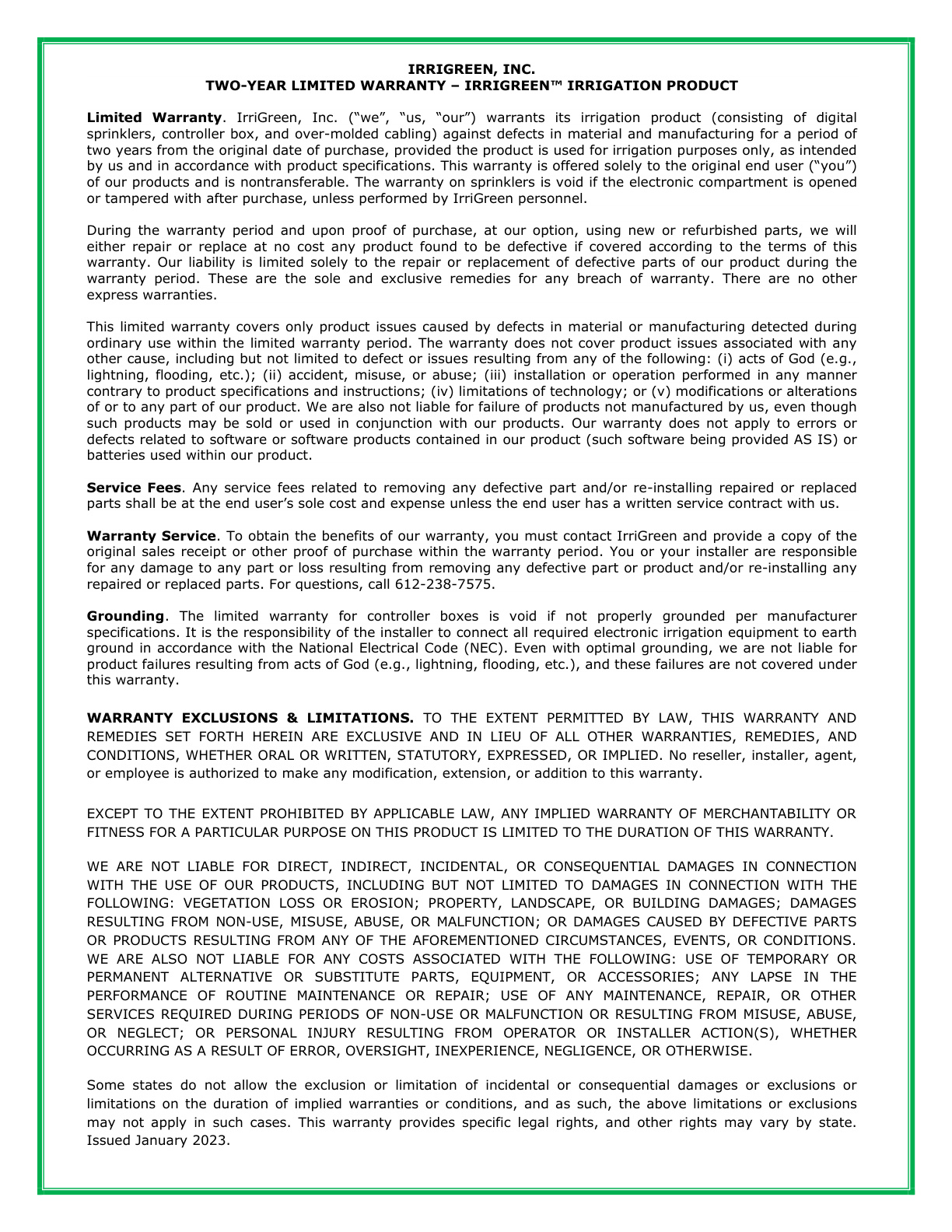 Irrigreen Warranty