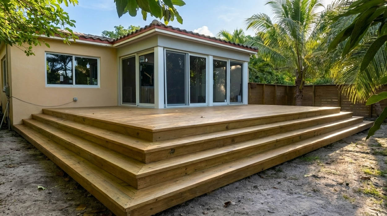 Custom composite deck with pergola structure installed by licensed deck builders in South Florida.
