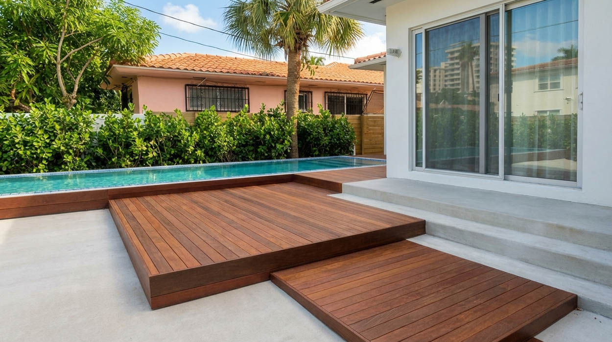 Modern pool deck installation with premium wood by licensed deck builders serving North & South Florida.
