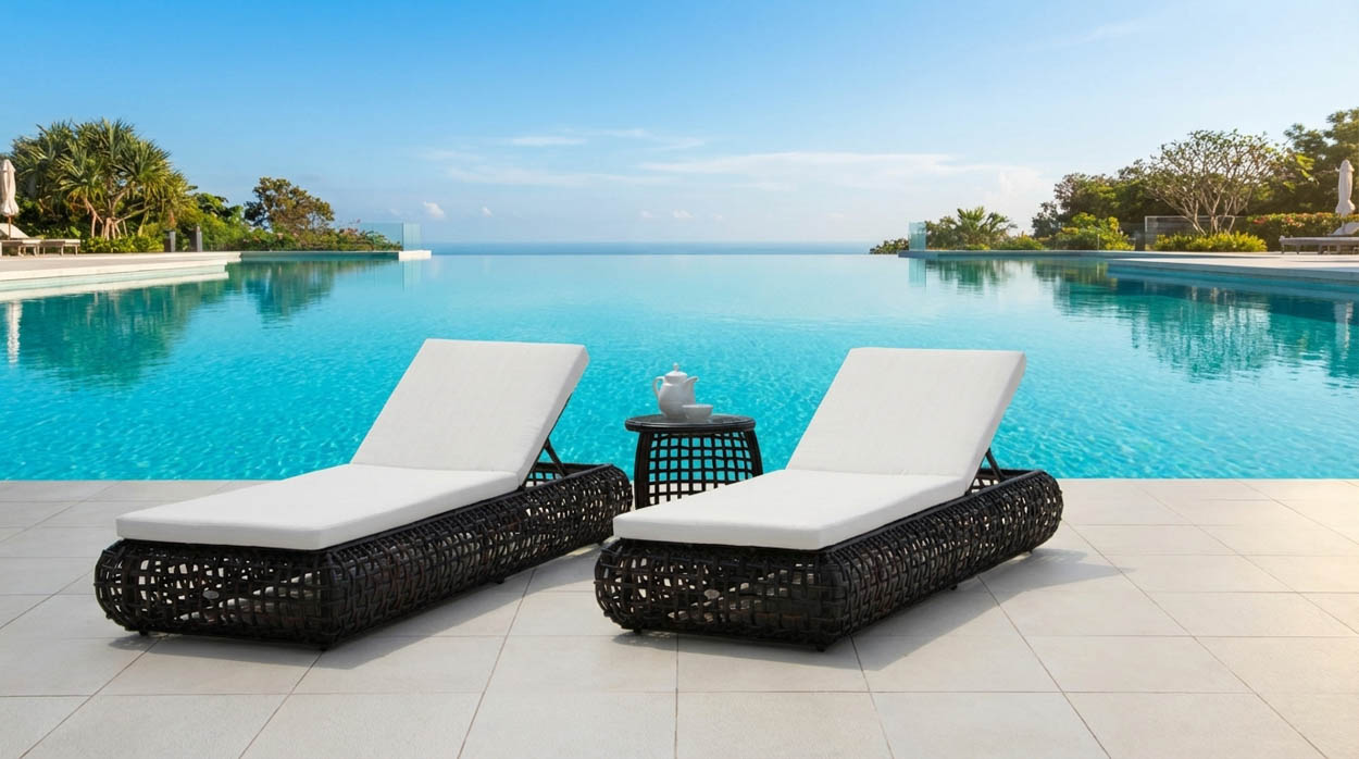Modern poolside lounge chairs with ocean views in South Florida, featuring high-end outdoor furniture installation for luxury properties.