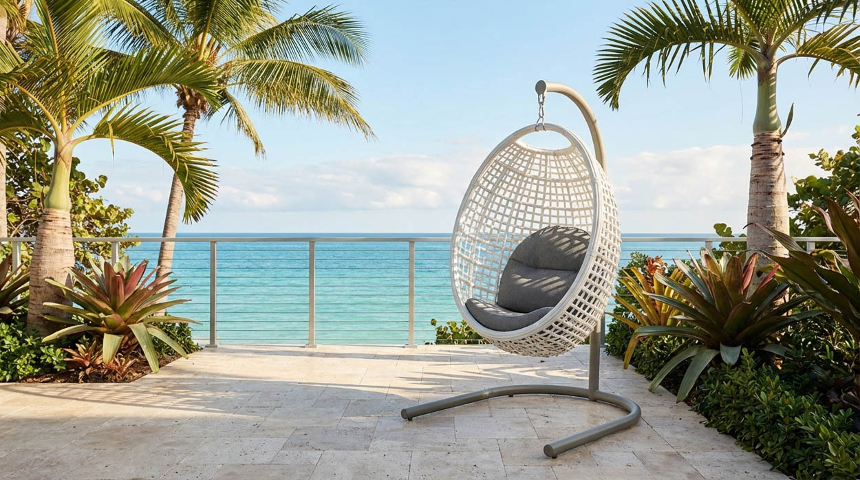Hanging outdoor lounge chair installed on coastal patio in South Florida, blending modern design with durable outdoor materials.