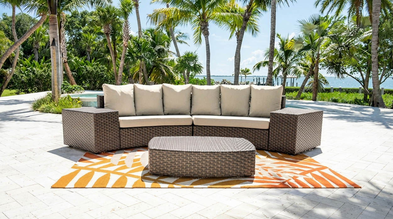 Custom curved outdoor sofa set installed in a tropical North Florida backyard, designed for comfort and luxury entertaining.