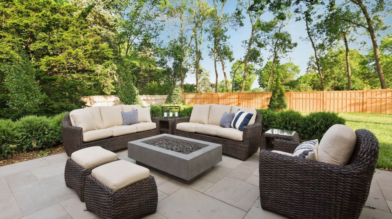 Outdoor conversation set with fire feature installed in South Florida, enhancing backyard living with premium furniture solutions.
