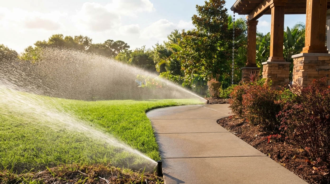 Residential irrigation system installation along walkways and lawn areas in South Florida, ensuring even coverage and efficient water use.