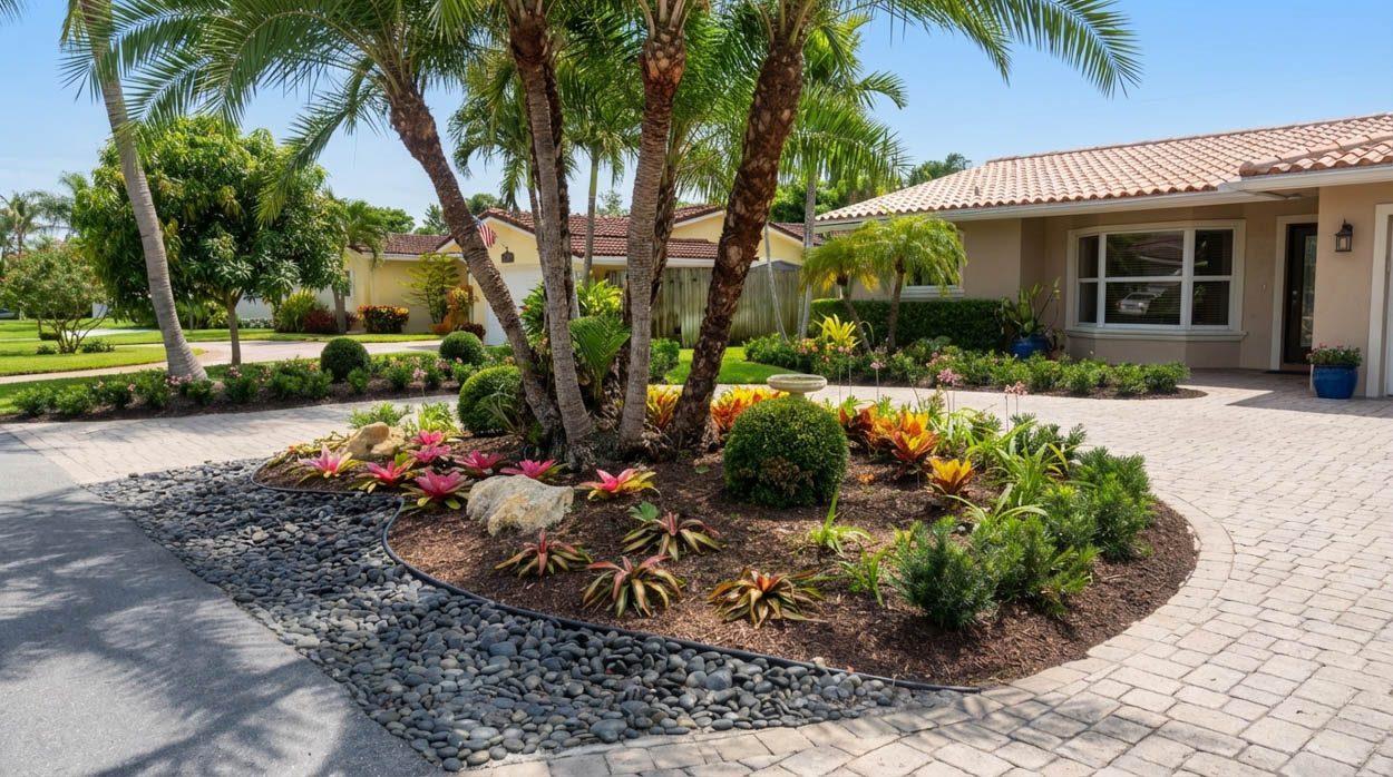Residential front yard landscaping with palm trees, plants, and pavers by Florida landscaping contractors.