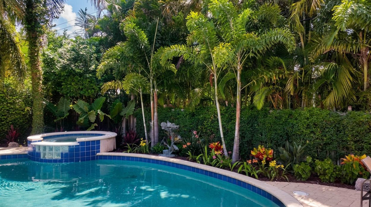 Luxury pool landscaping construction with tropical plants and hardscape by Florida landscaping builders.