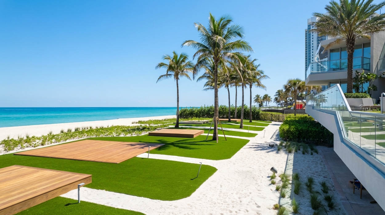 Custom home landscaping with palm trees and garden beds by North and South Florida contractors.