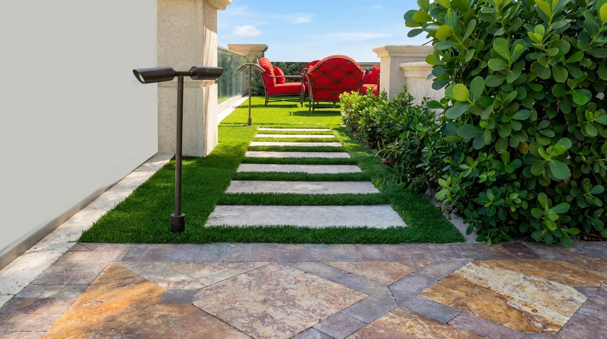 Coastal luxury landscaping project with turf and walkways designed by Florida landscape builders.