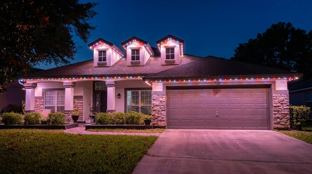 Residential property featuring color-changing smart soffit LED lights installed by professional contractors in Florida for accent and security lighting.