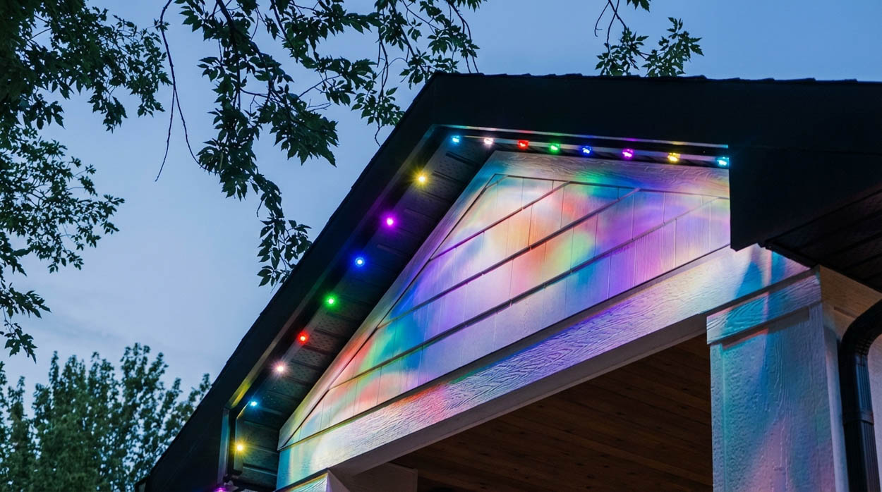 Exterior smart soffit LED lighting system illuminating rooflines and garage areas, ideal for custom homes in North and South Florida.