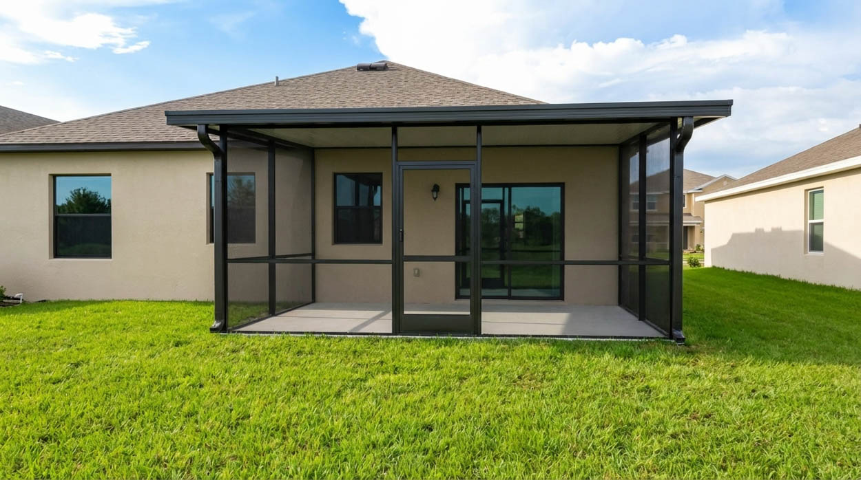 Durable covered patio screen enclosure designed to protect outdoor spaces from insects and weather in Florida residential homes.