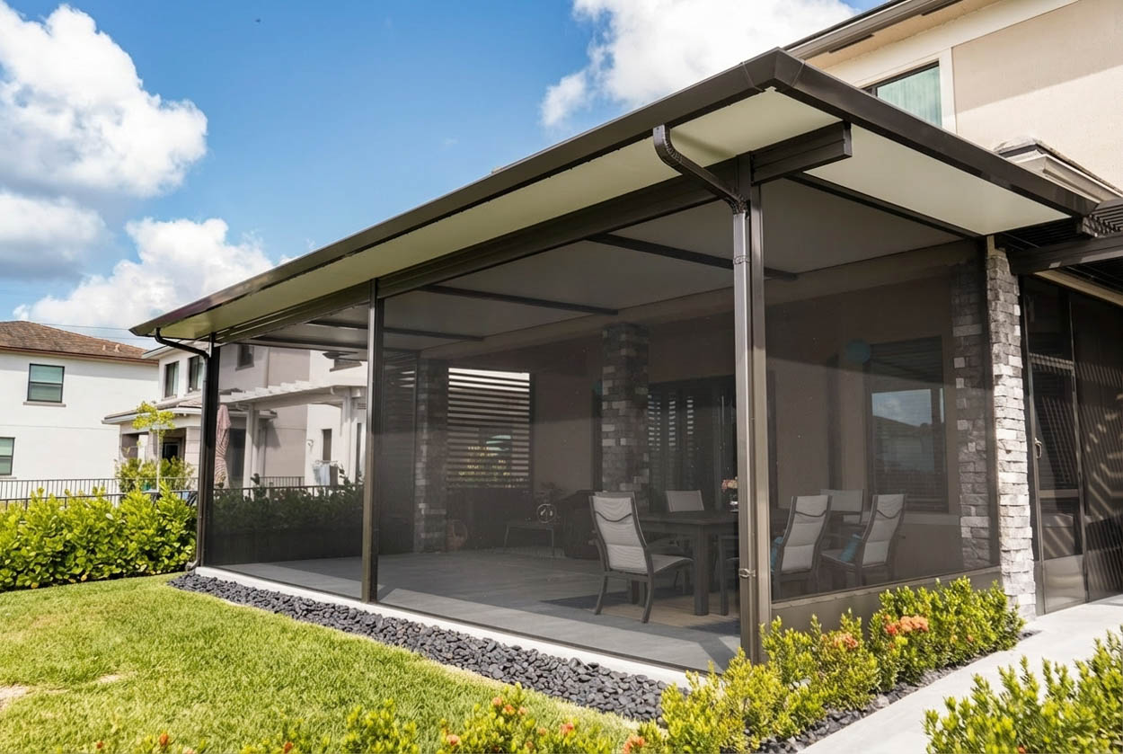 Modern patio screen enclosure featuring a sleek black aluminum frame, enhancing outdoor living areas across North and South Florida.