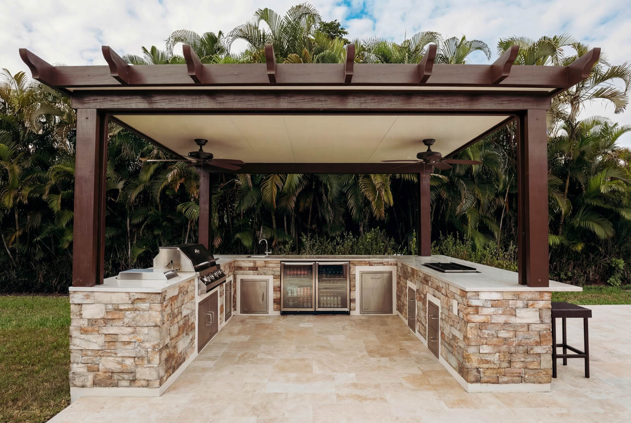 Poolside pergola installation in Florida backyard, designed by expert pergola builders for shade and comfort.