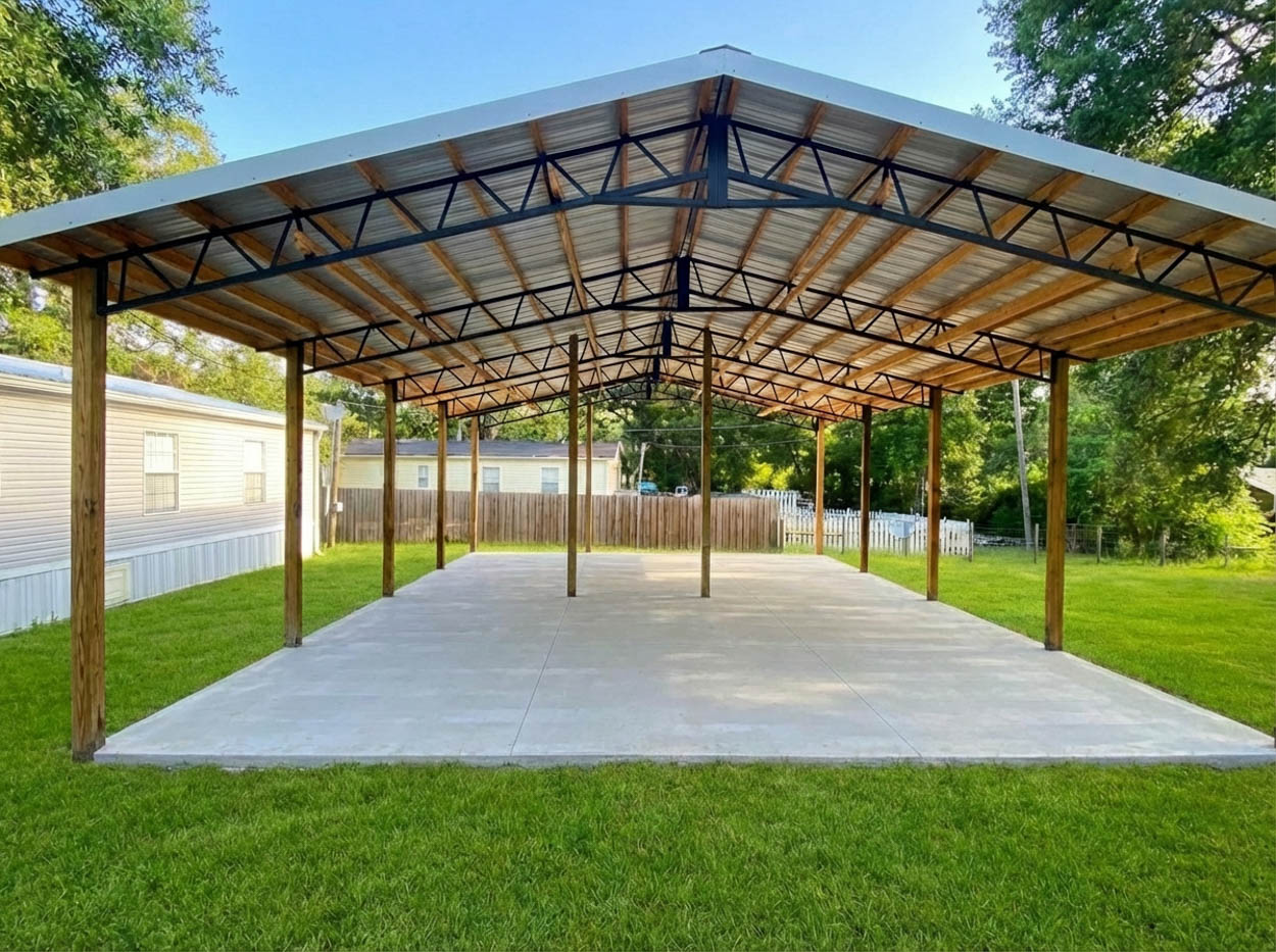 Custom pole barn construction with steel roof and concrete slab, built by licensed contractors in North & South Florida.
