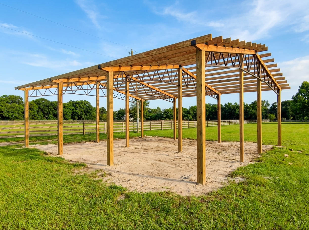 Wood and steel pole barn structure under construction, designed and installed by expert Florida building contractors.