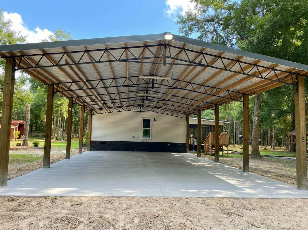 Covered pole barn with steel roof and treated wood posts, providing durable outdoor storage solutions in Florida.