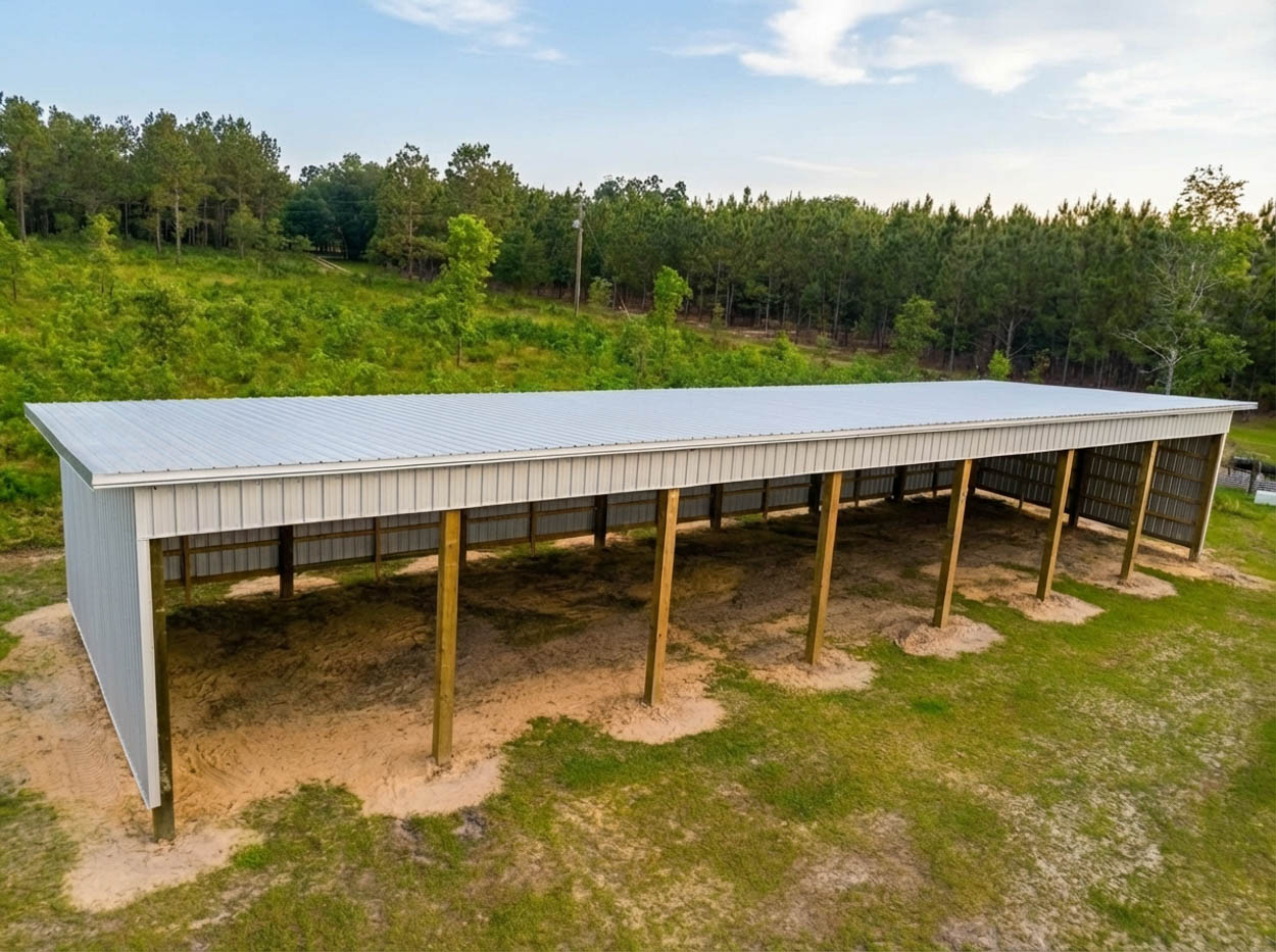 Custom pole barn construction over concrete slab, engineered for long-term durability by Florida building contractors.
