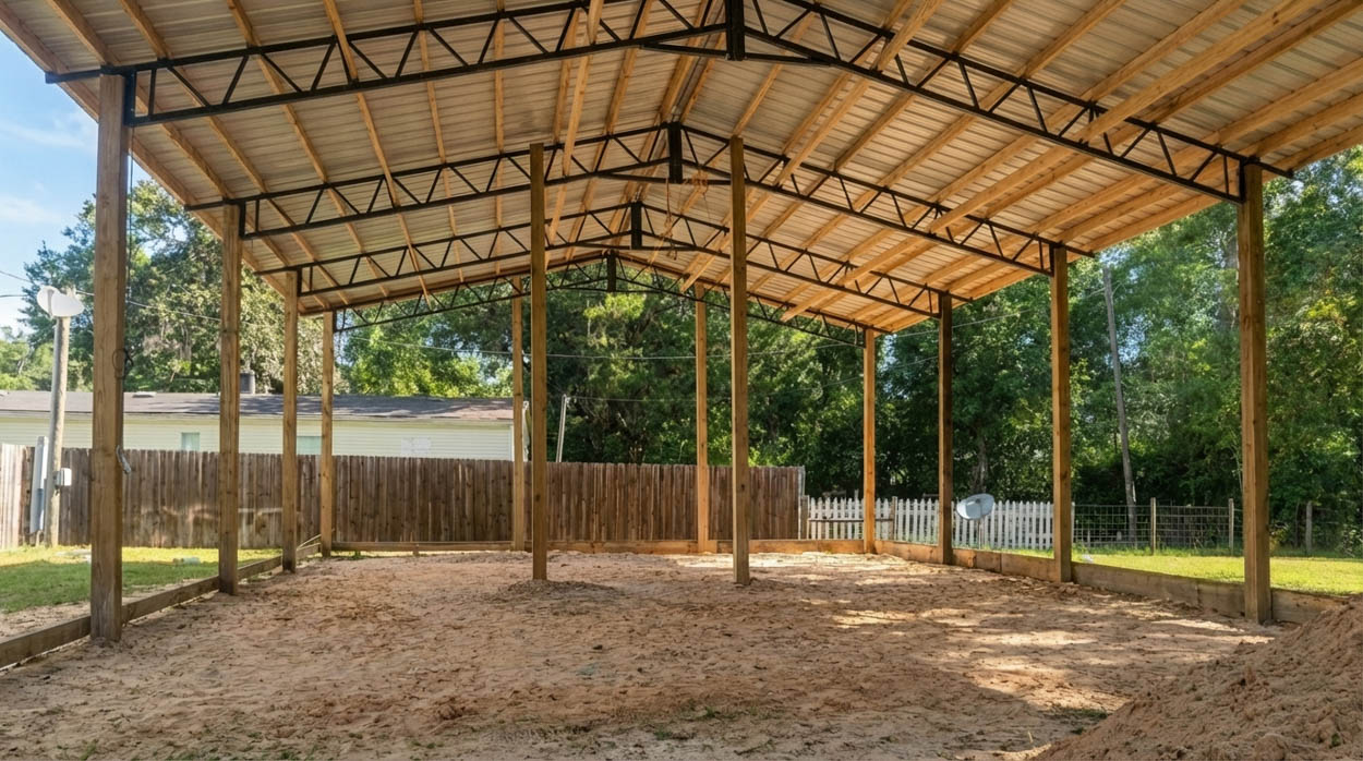 Extended pole barn with steel panels and wood framing, built for agricultural and residential properties in North Florida.