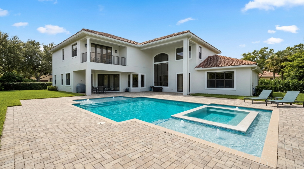 Luxury custom pool and spa construction featuring modern design, premium pavers, and outdoor living spaces built by expert pool builders in Florida.