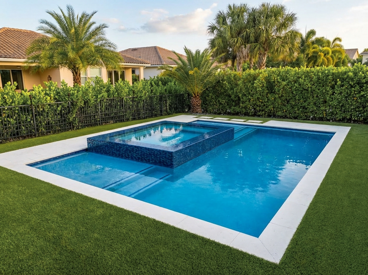 Modern residential pool with raised spa built by professional pool builders in North & South Florida, featuring clean lines, premium tile, and expert installation.