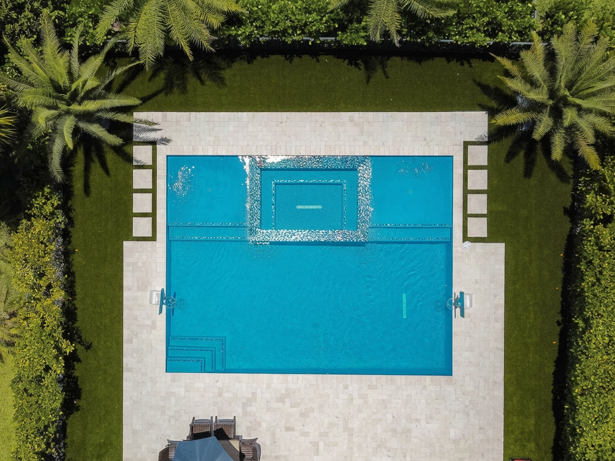 Aerial view of a custom-built luxury pool with integrated spa, showcasing precision pool construction by licensed Florida pool contractors.