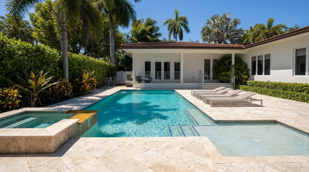 Elegant residential pool and spa design with premium finishes and tropical landscaping, crafted by custom pool builders in South Florida.