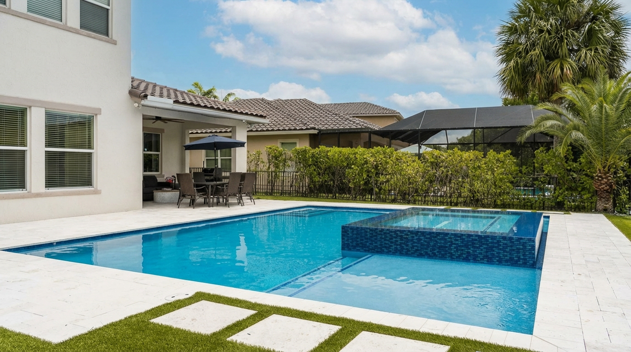 Modern pool renovation with raised spa and clean architectural lines, designed and installed by professional pool builders in Florida.