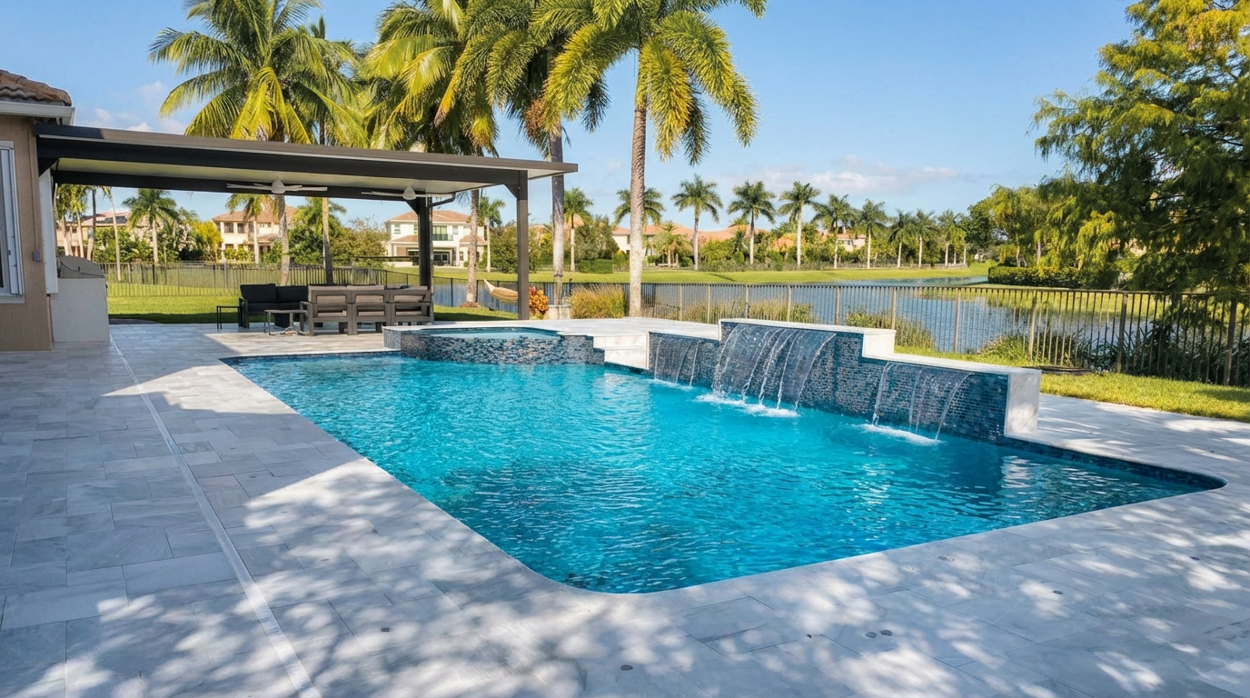 Luxury outdoor pool featuring waterfall spa and covered patio area, built by experienced custom pool and outdoor living contractors in Florida.