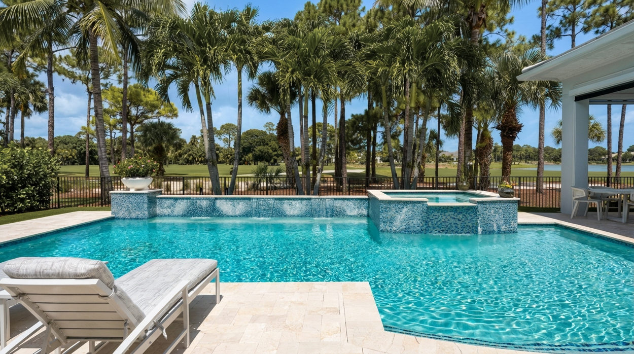 High-end swimming pool with integrated spa and palm-lined views, showcasing expert pool construction services across North and South Florida.