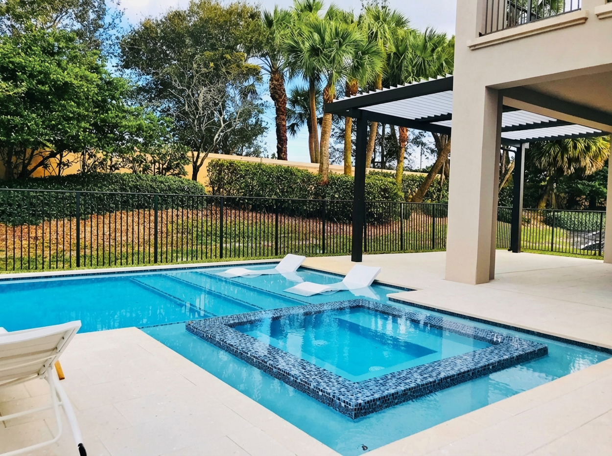 Custom pool and spa construction with integrated pergola by experienced builders in North & South Florida, designed for upscale outdoor living.