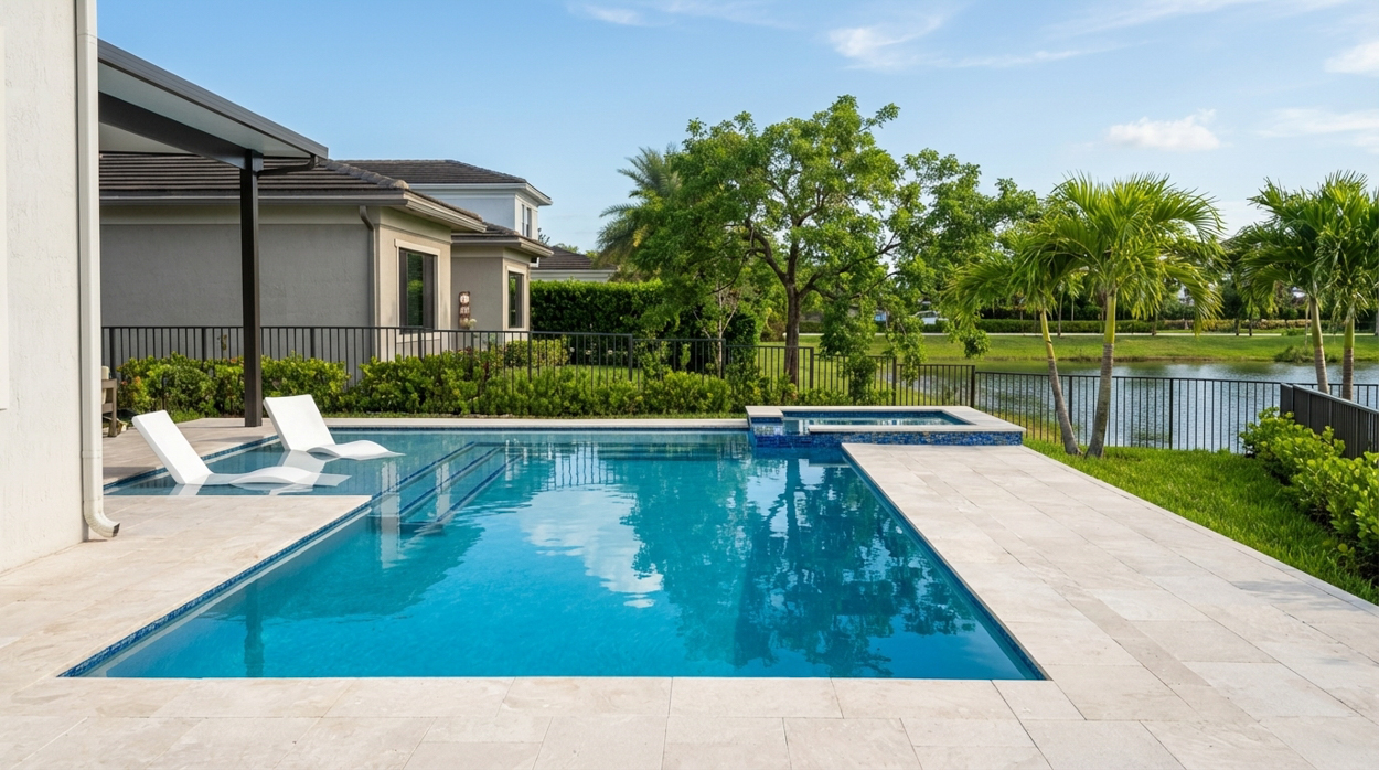 High-end pool installation by professional contractors in North & South Florida, featuring lake-view setting, modern finishes, and precise construction.