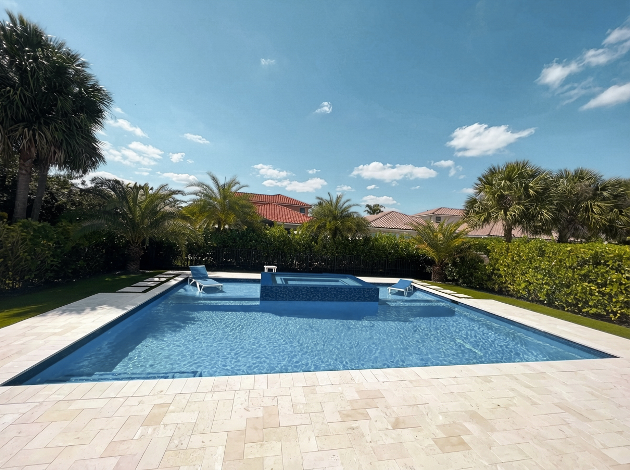 Luxury backyard pool and spa installation by licensed contractors in North & South Florida, showcasing expansive deck space and resort-style design.