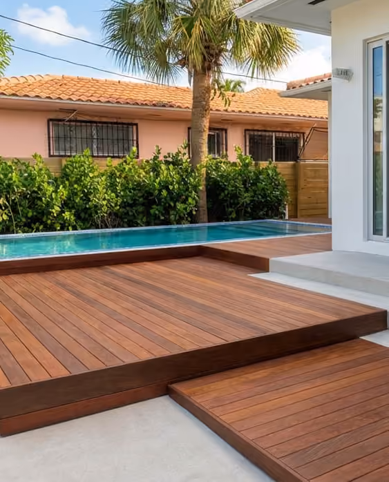 Hardwood deck stepping down to a small pool beside a white house.