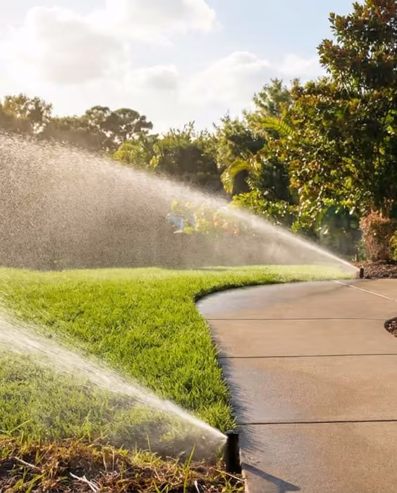 Lawn sprinklers running along a curved concrete walkway beside planted beds.