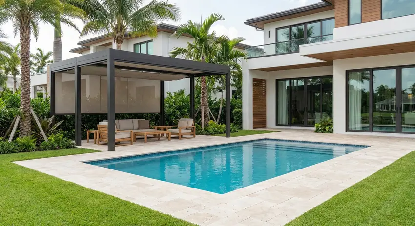Modern custom pool with clear water, light stone deck, manicured lawn and pergola lounge in Tequesta, FL.
