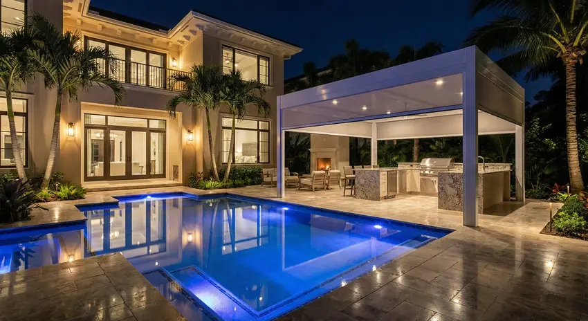 Luxury pool with blue LED lights, outdoor kitchen and bar for evening entertaining in Tequesta, FL.