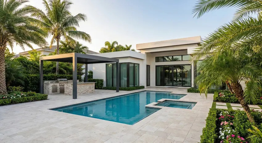 Modern pool with integrated spa, pergola and outdoor kitchen for a private tropical retreat in Tequesta, FL.